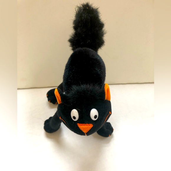 Halloween Black Cat Posable Weighted Feet Furry Tail Plush Decor Orange Nose - Picture 1 of 12